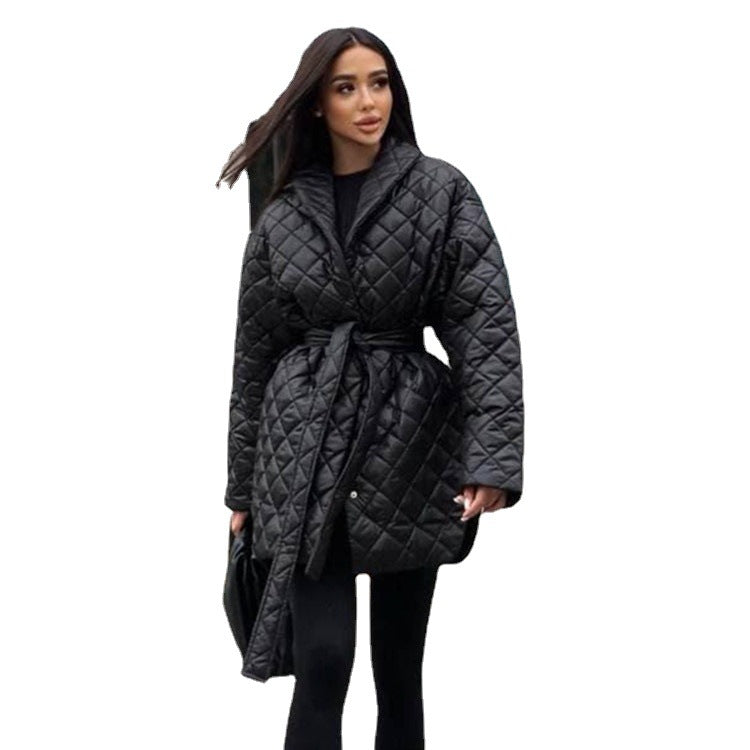 Slim-Fit Lace-Up Lapel Plaid Cotton-Padded Women's Coat