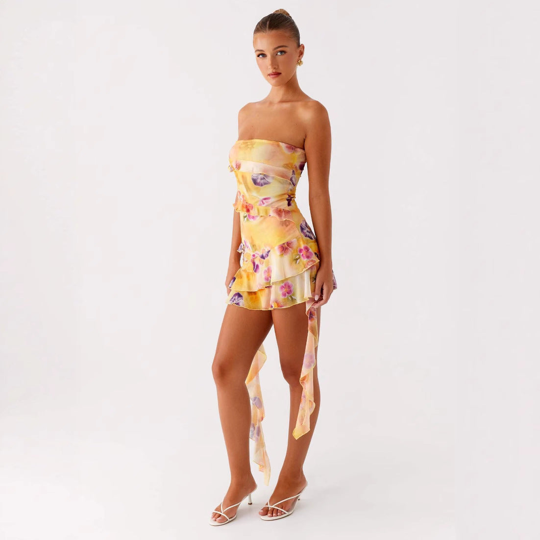 Autumn Street Hipster Printed V-neck Hanging Mid-length Split Dress