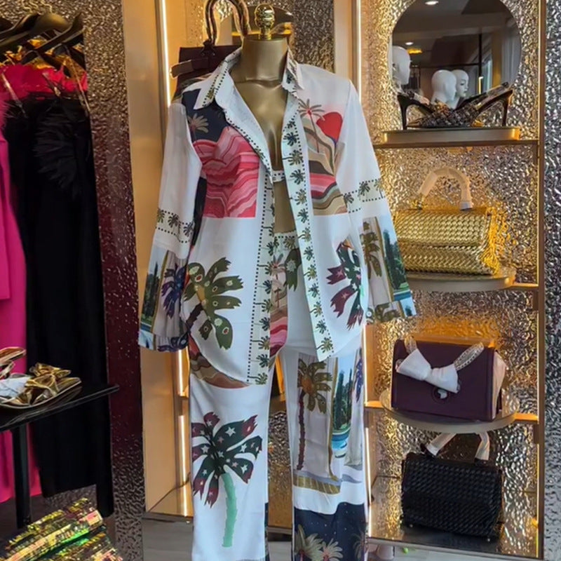 Printed Long-Sleeve Shirt Bralette & Wide-Leg Pants Set
