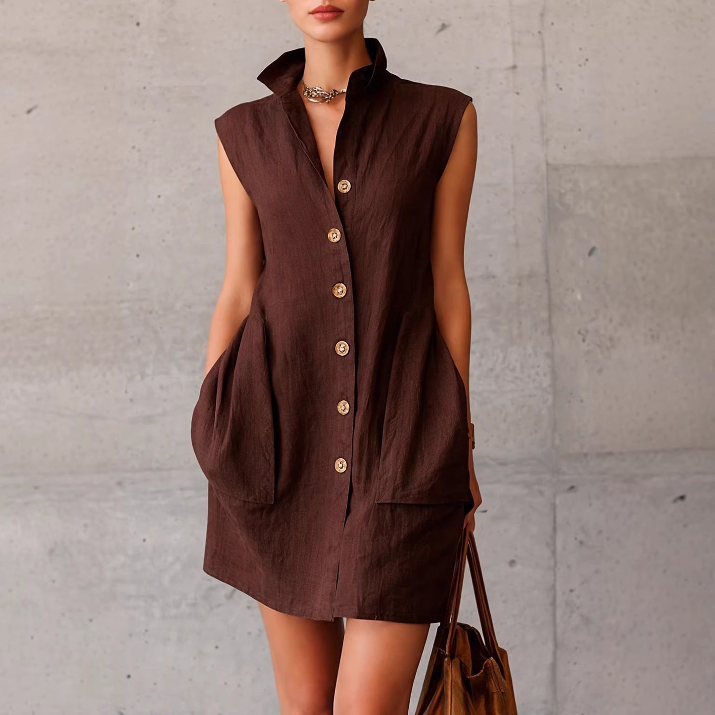 Slimming Sleeveless Stand-Collar Shirt Dress