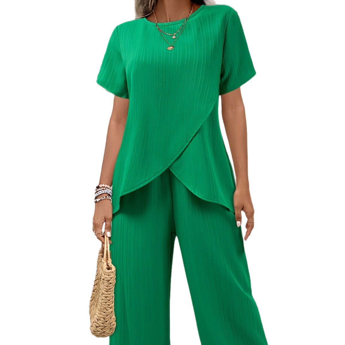 Womens Two-Piece Set Crew-Neck Short-Sleeve Pullover With A Loose