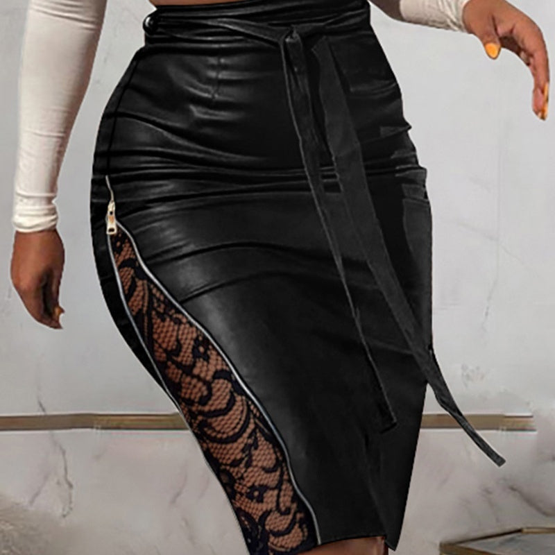 New Split Lace Stitching Slim-Fit Lace-Up Leather Skirt