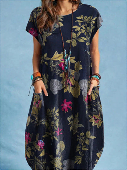 Women's New Fashion Cotton & Linen Plant Print Round-Neck Pocket Short-Sleeve Casual Dress