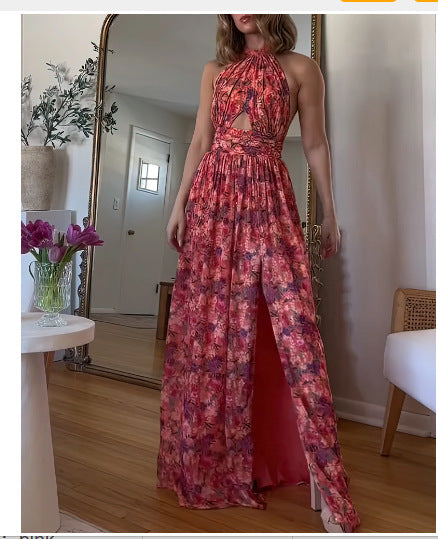 Cross-Collar Printed Lace Pleated Sleeveless Dress