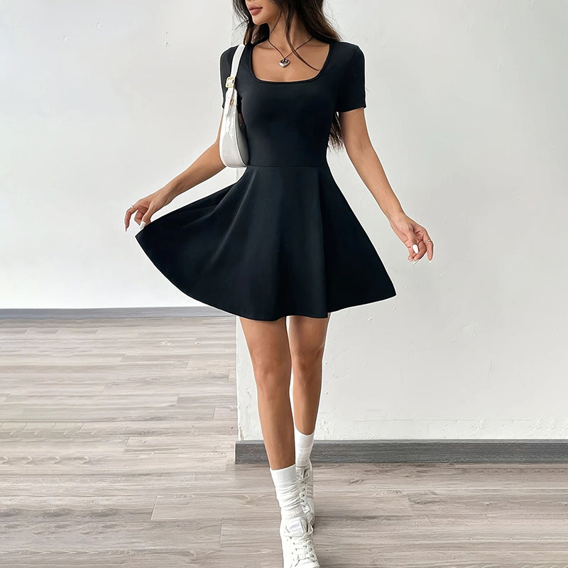 Square-Neck Short-Sleeve Ruffle-Hem  Flare Mini Dress - US Only
