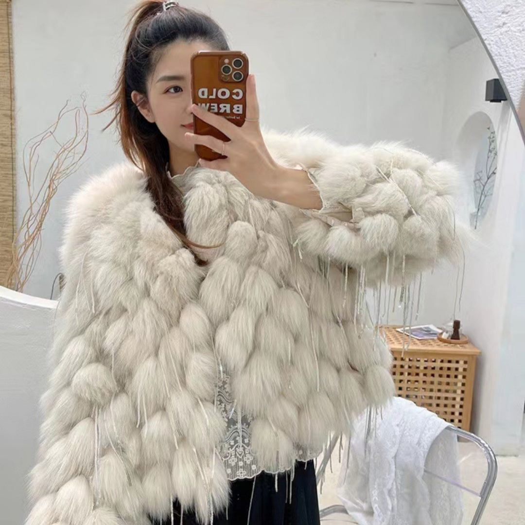 Plush Fox Fur Female Short Tassel Thickened Coat