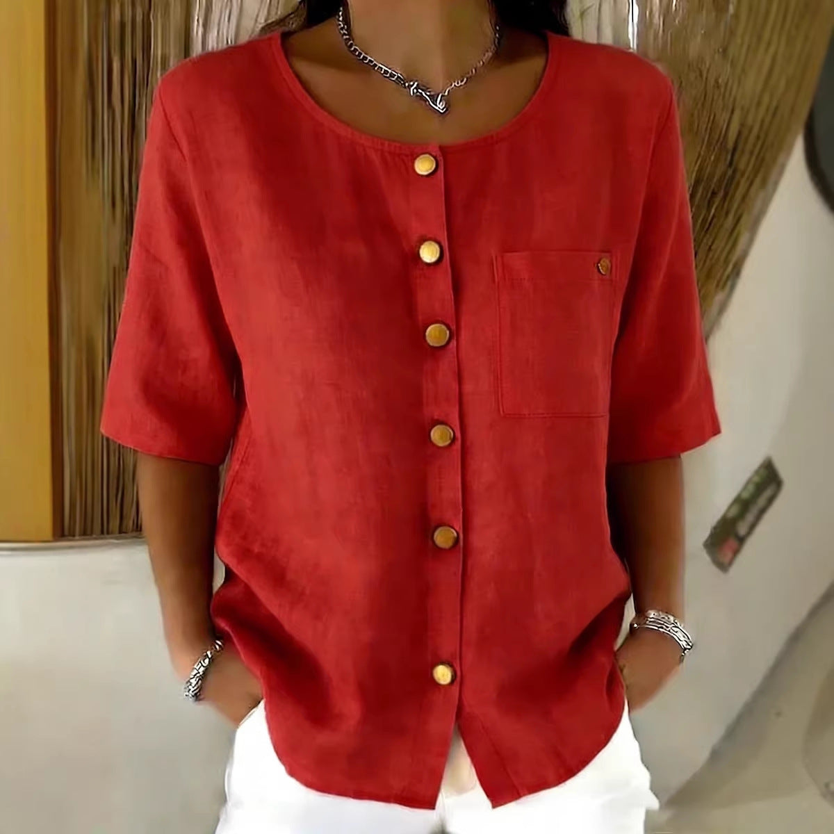 Womens Crew-Neck Shirt With Metal Buttons And Three-Quarter Sleeves