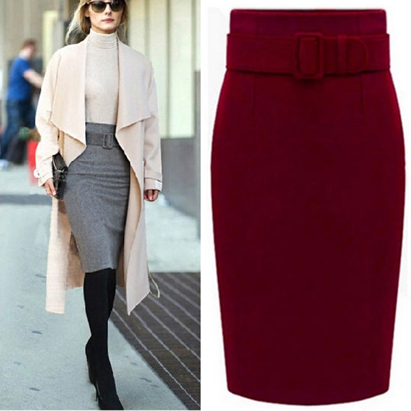 Thick Solid-Colour Mid-Length Wool Woollen Skirt For Women