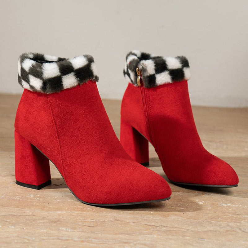 Plaid Square-Heel Suede Boots