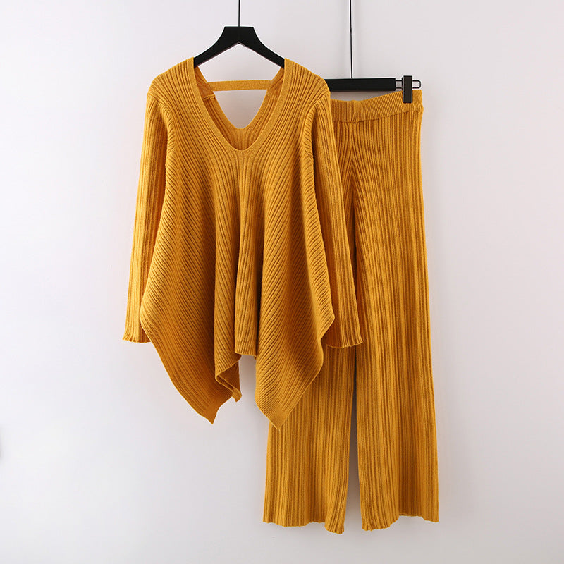 Pleated Knitted Irregular V-Neck Top-Wide-Leg Pants Sweater Suit