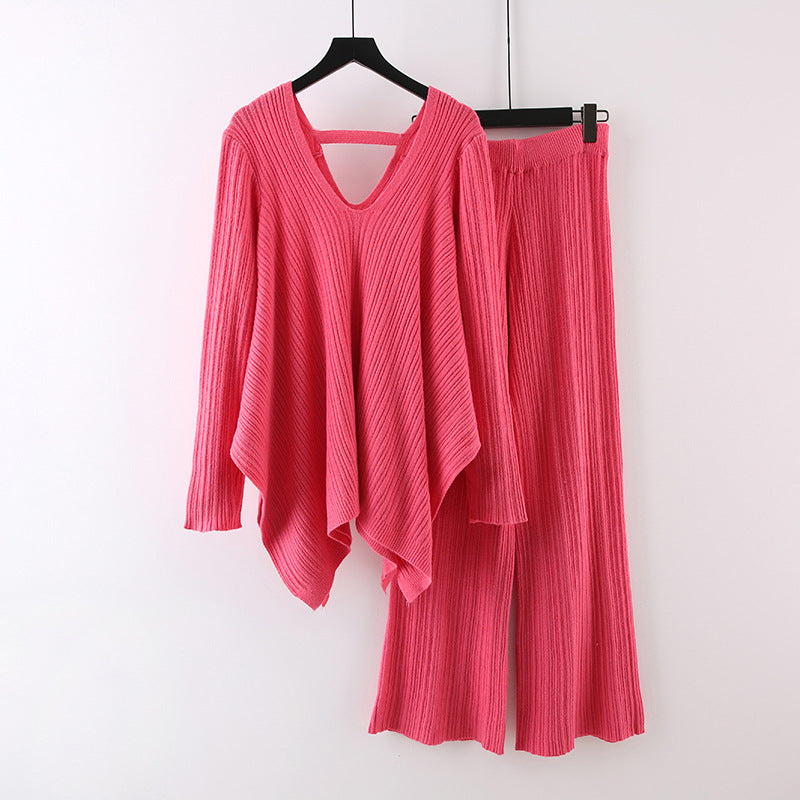 Pleated Knitted Irregular V-Neck Top-Wide-Leg Pants Sweater Suit