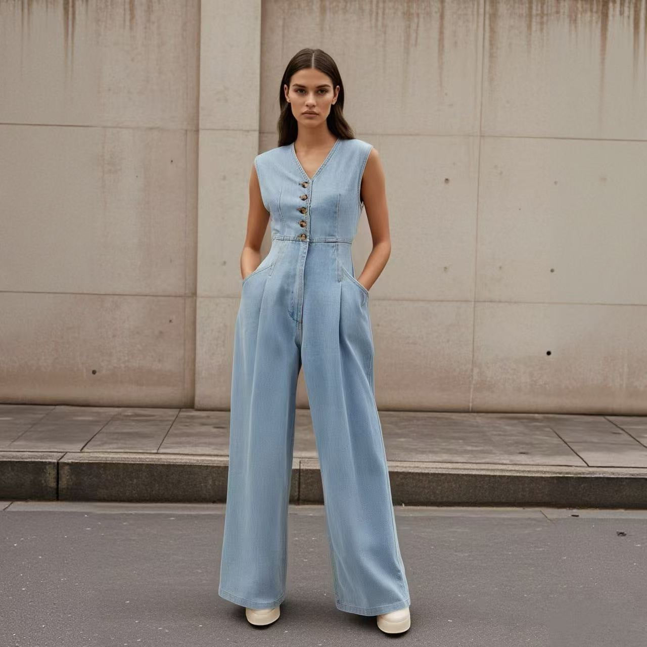 V-Neck Double-Breasted Sleeveless Wide-Leg Denim Jumpsuit
