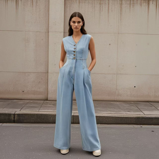V-Neck Double-Breasted Sleeveless Wide-Leg Denim Jumpsuit