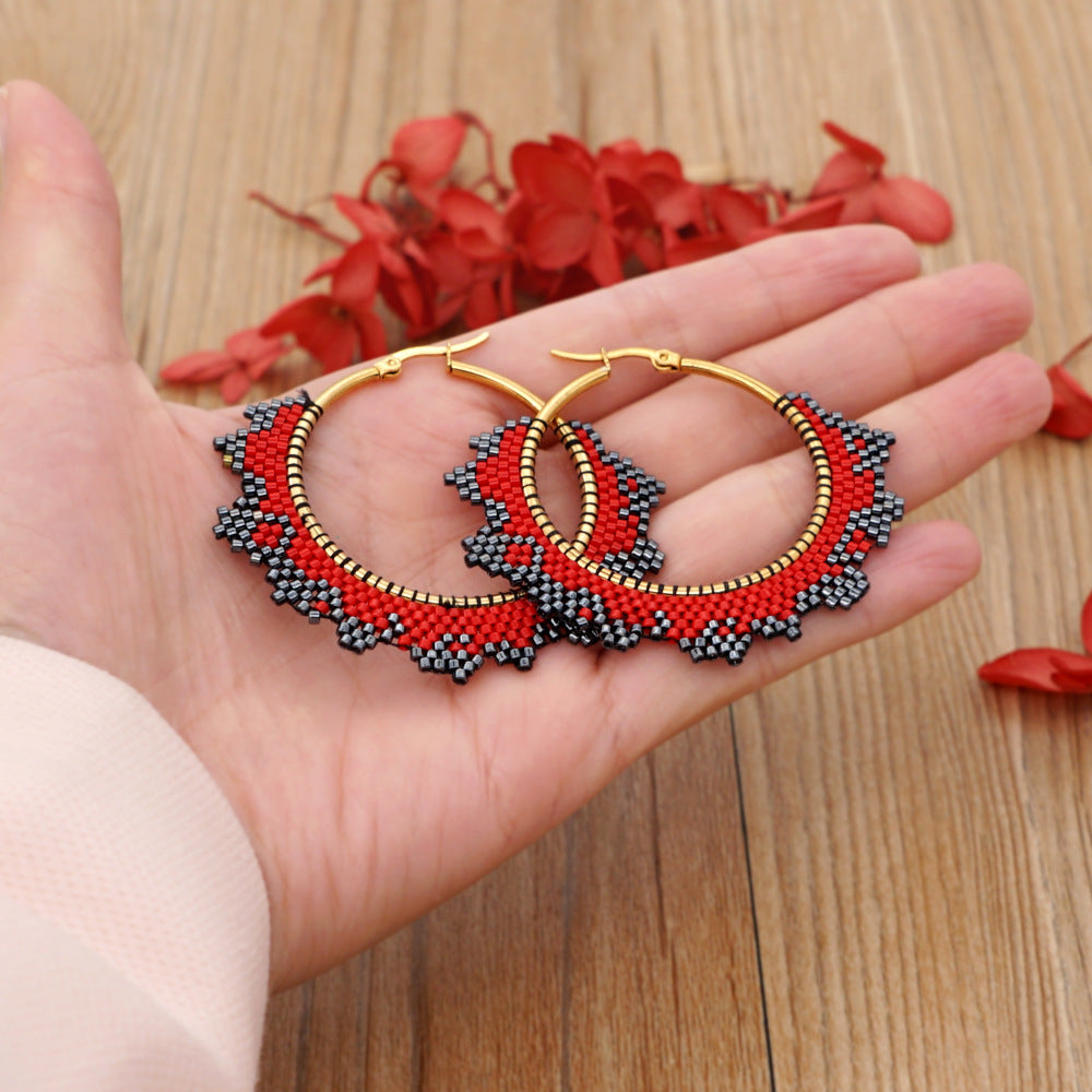 Handmade Woven Beaded Hoop Earrings