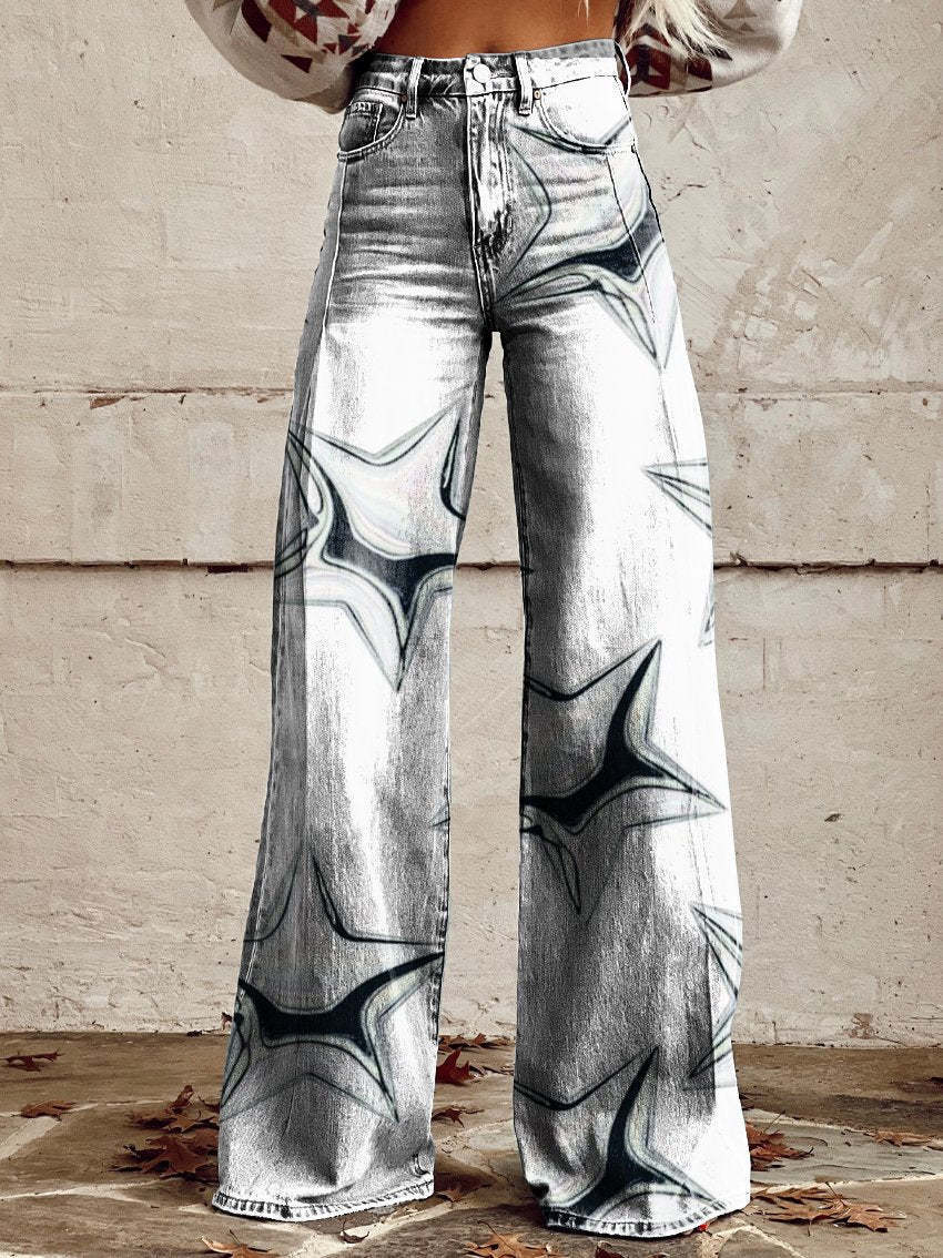 Women's 3D Printed Denim Wide-Leg Pants