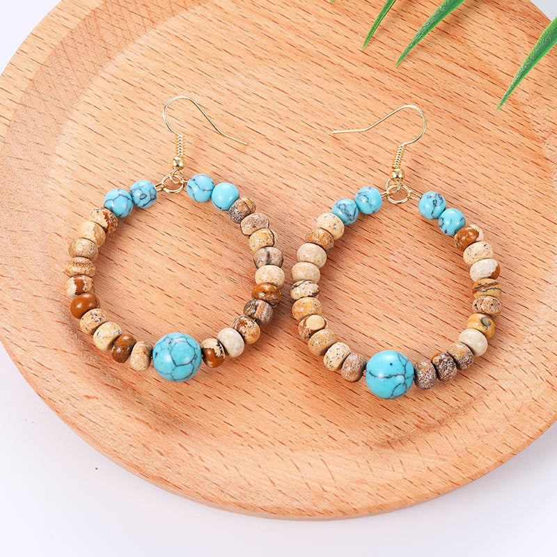 Large Hoop Earrings - Colourful Bohemian Natural Turquoise Pendant Hoop Earrings