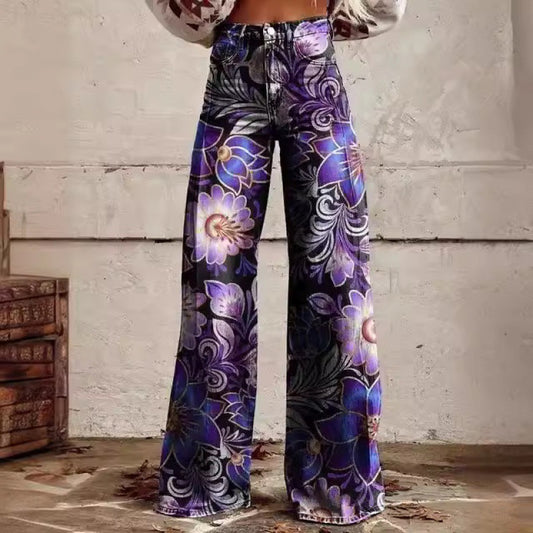 Printed High-Waist Loose Thin Imitation Denim Wide-Leg Pants