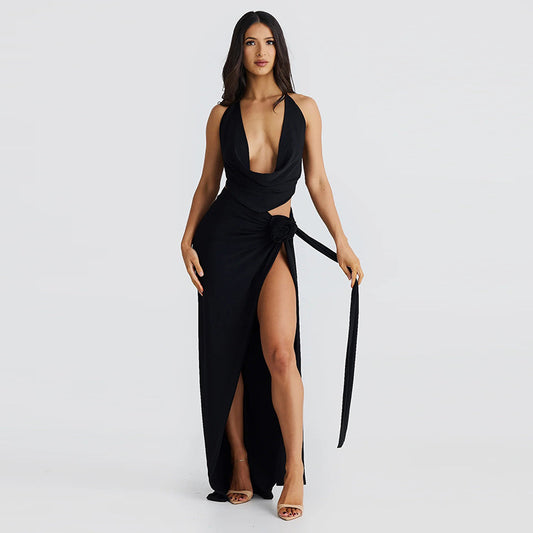 Lace-Up Backless Deep V-Neck Slit Dress