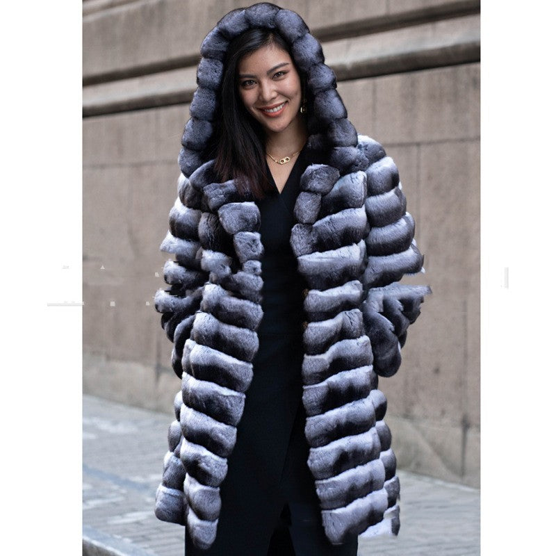 Posh Striped Hooded Warm Midi Women's Coat