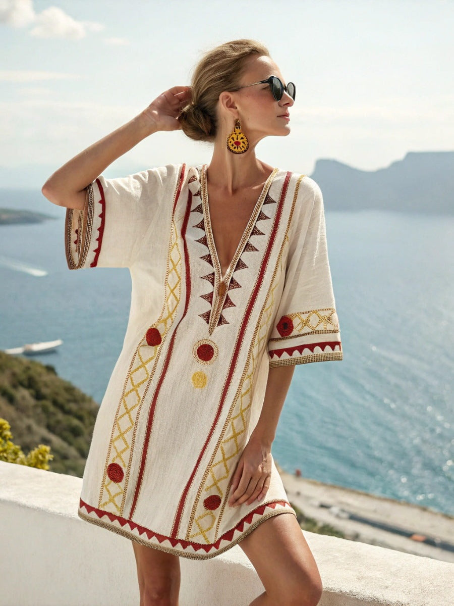 Loose Printed V-Neck Casual Holiday Dress