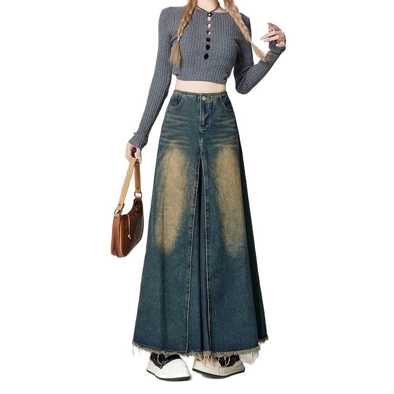 High-waisted Drapey Slimming Vintage Distressed Loose-fit Denim Skirt