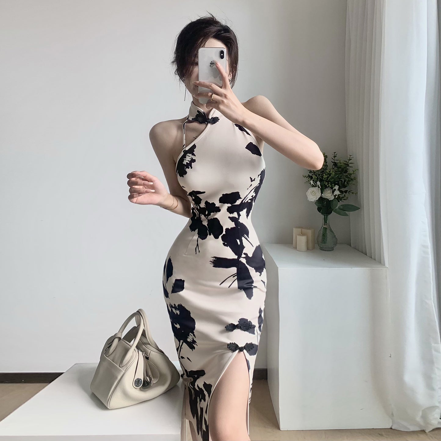 French-Style Vintage Elegant Slim- Fit Printed Hip Wrap Dress