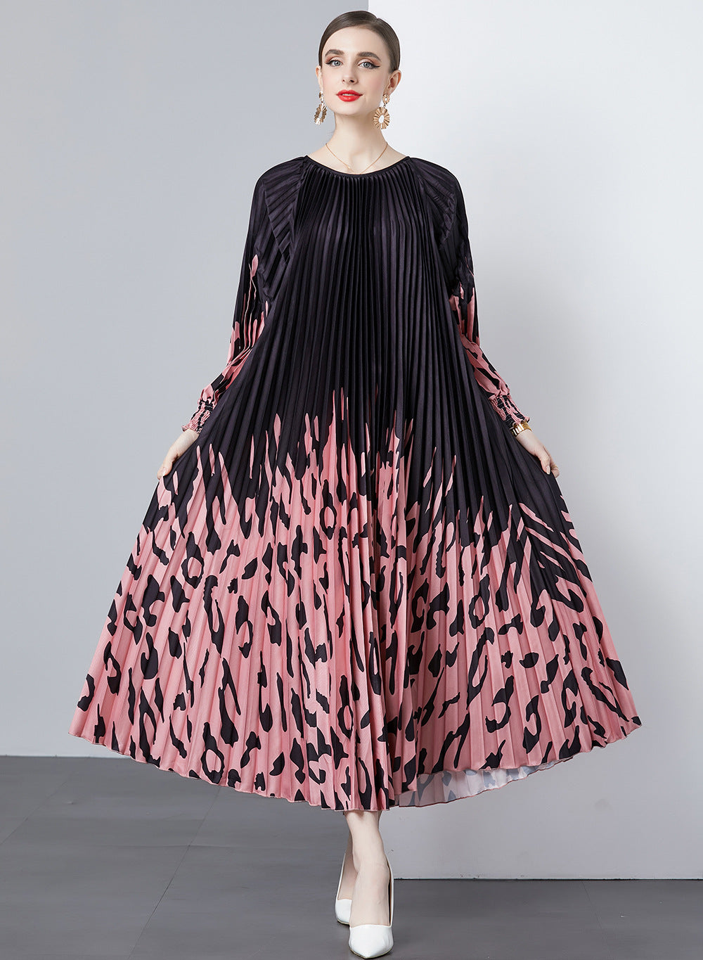 Women's Fashion Casual Multicolor Pleated Round Neck Dress