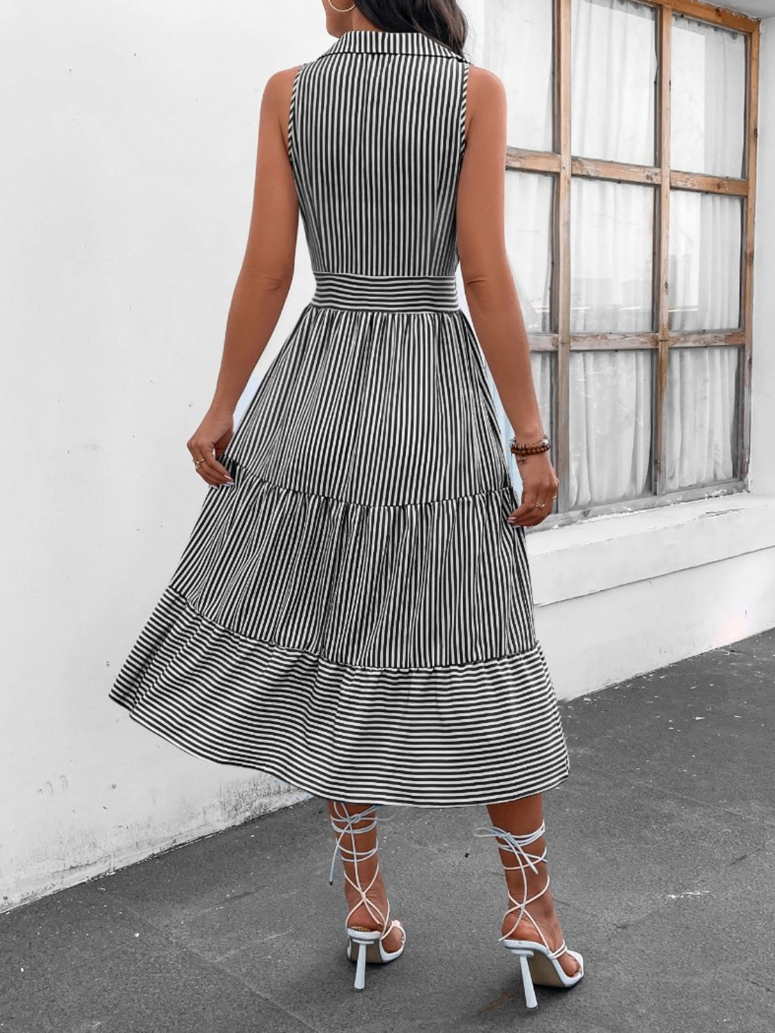 Striped Johnny Collar Sleeveless Midi Dress - US Only