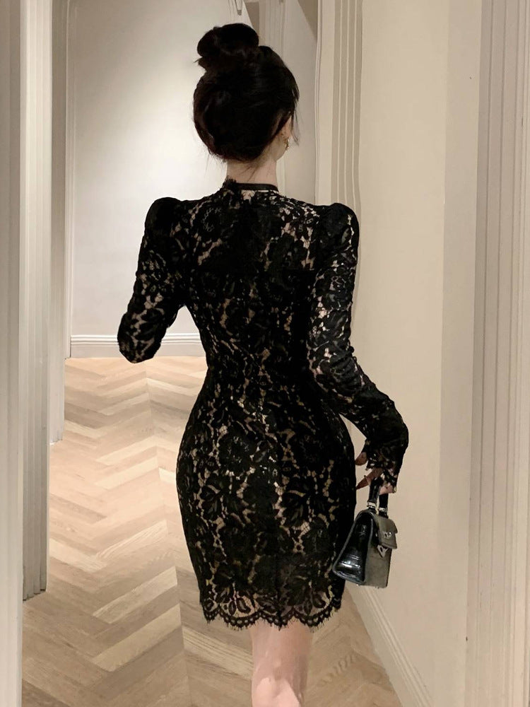 Hong Kong Style Lace Positioning Flower Irregular Halter Sheath Dress