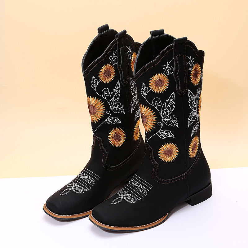 Sunflower Embroidery Cowboy Boots For Women - Low-Heel Western Boots