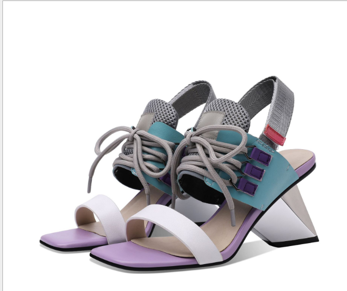 Special-Shaped High-Heel Leather Colour-Matching Strap Sandals