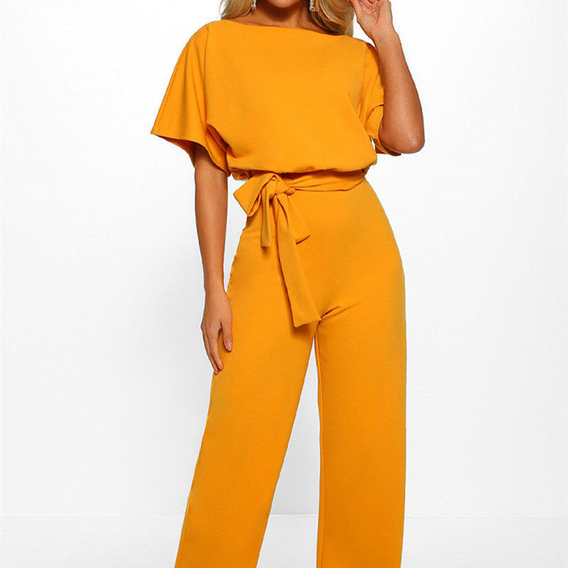 Lace-Up Button Short-Sleeve Jumpsuit