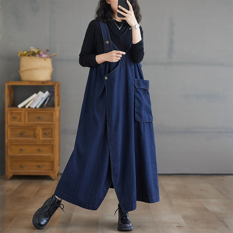 Loose Airy Denim Suspender Dress - Large Sizes