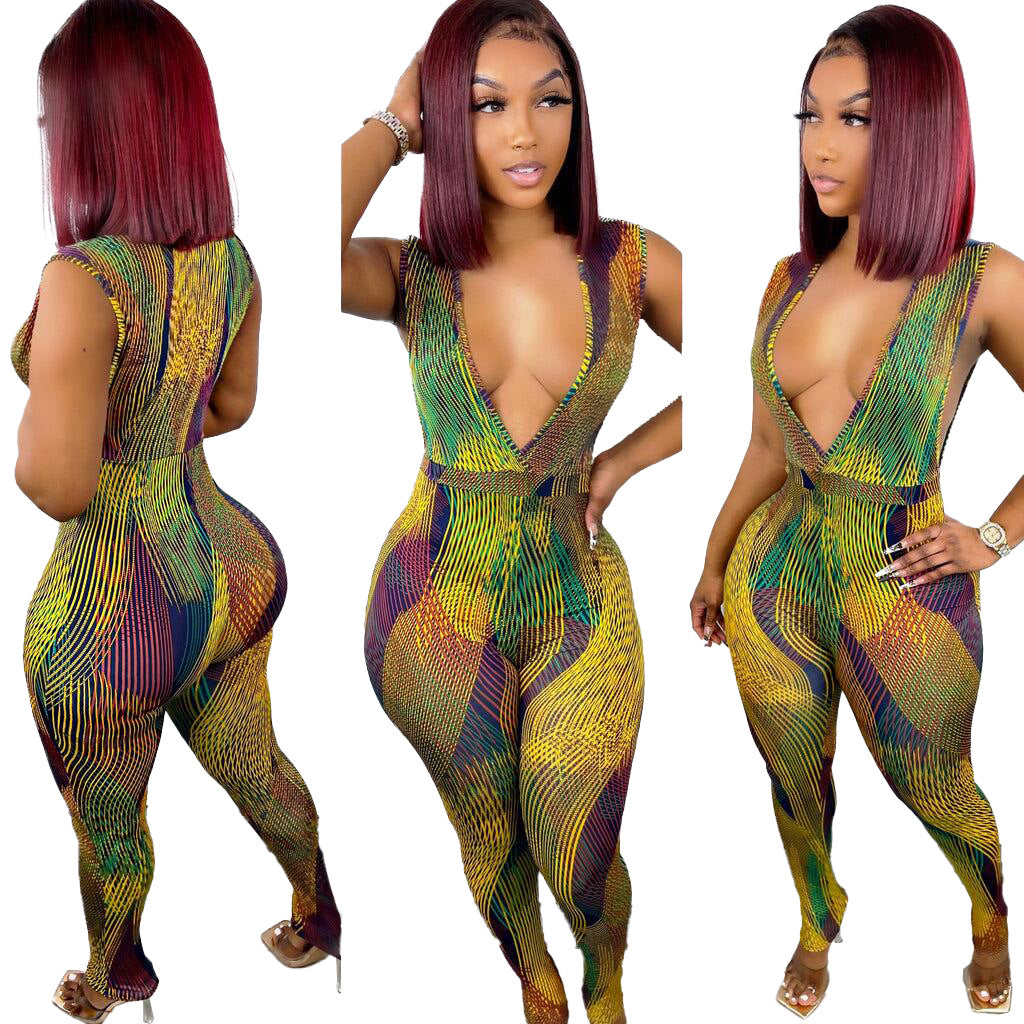 European & American Deep-V Stripe Digital Printing Jumpsuit