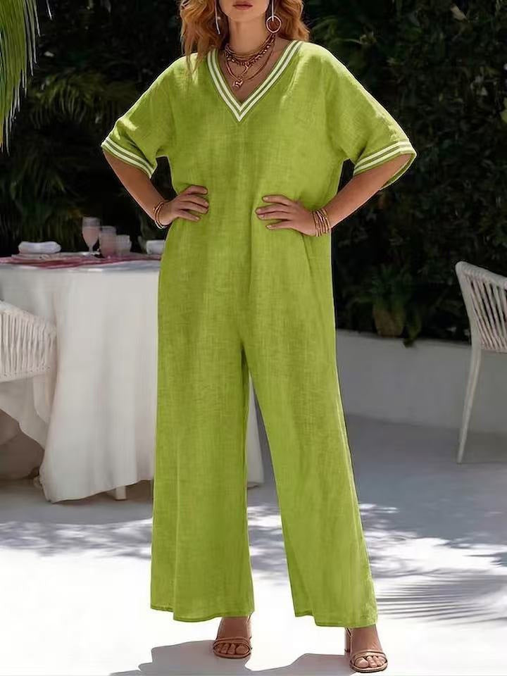 Womens Fashionable Casual Solid-Color Wide-Leg Jumpsuit