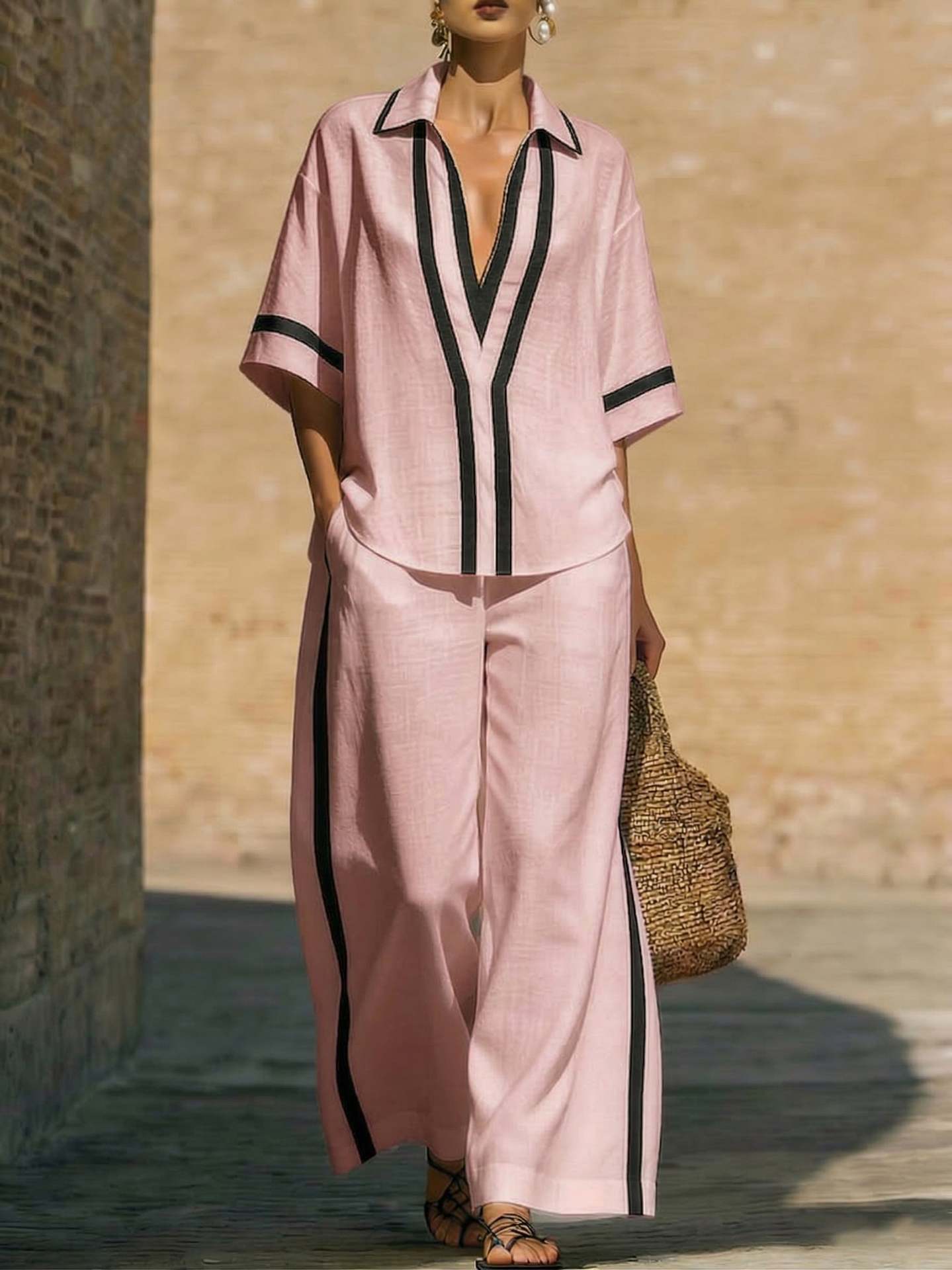 Fashionable Loose Casual Color-Block Short-Sleeve Shirt And Wide-Leg Pants Two-Piece Set