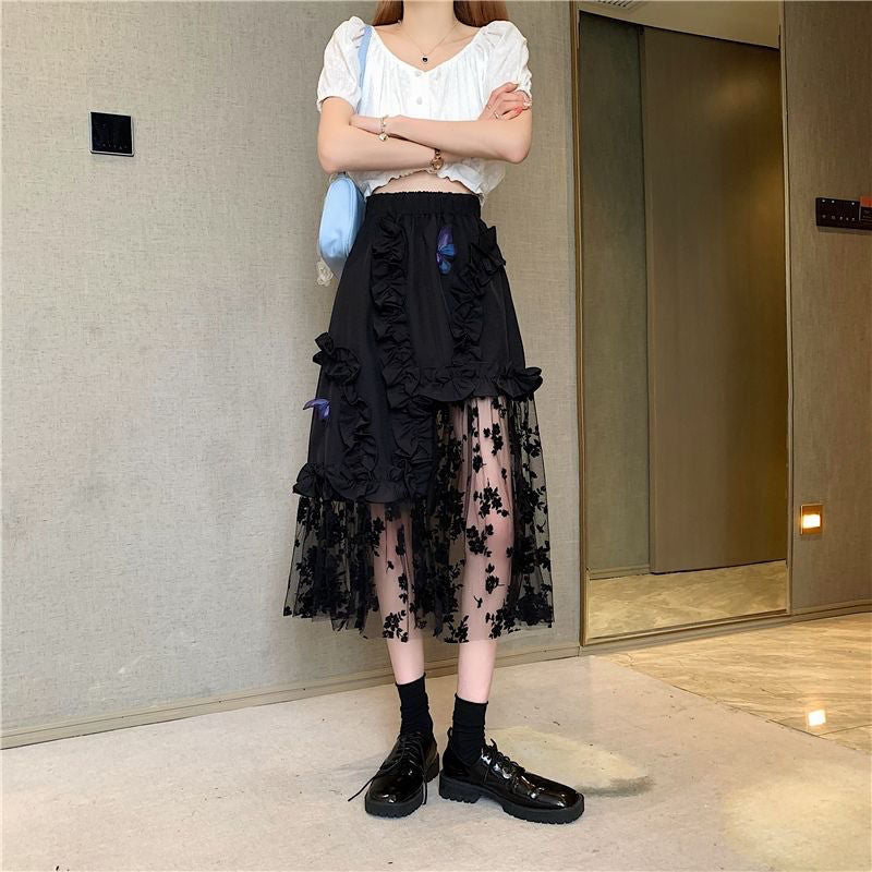 Black Irregular Design Thin Gauze Skirt