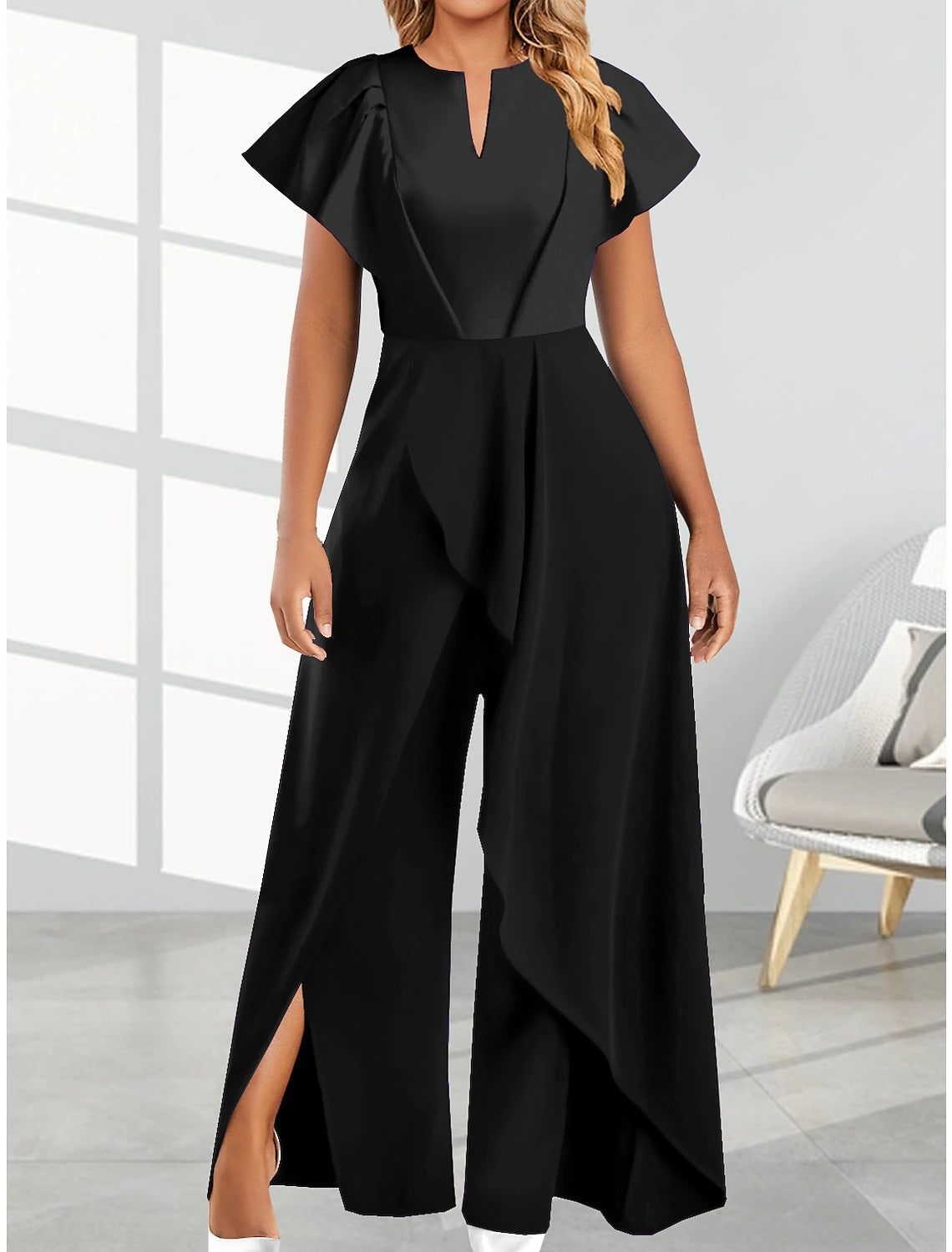 Women's V-Neck Irregular Wide-Leg Pants Jumpsuit