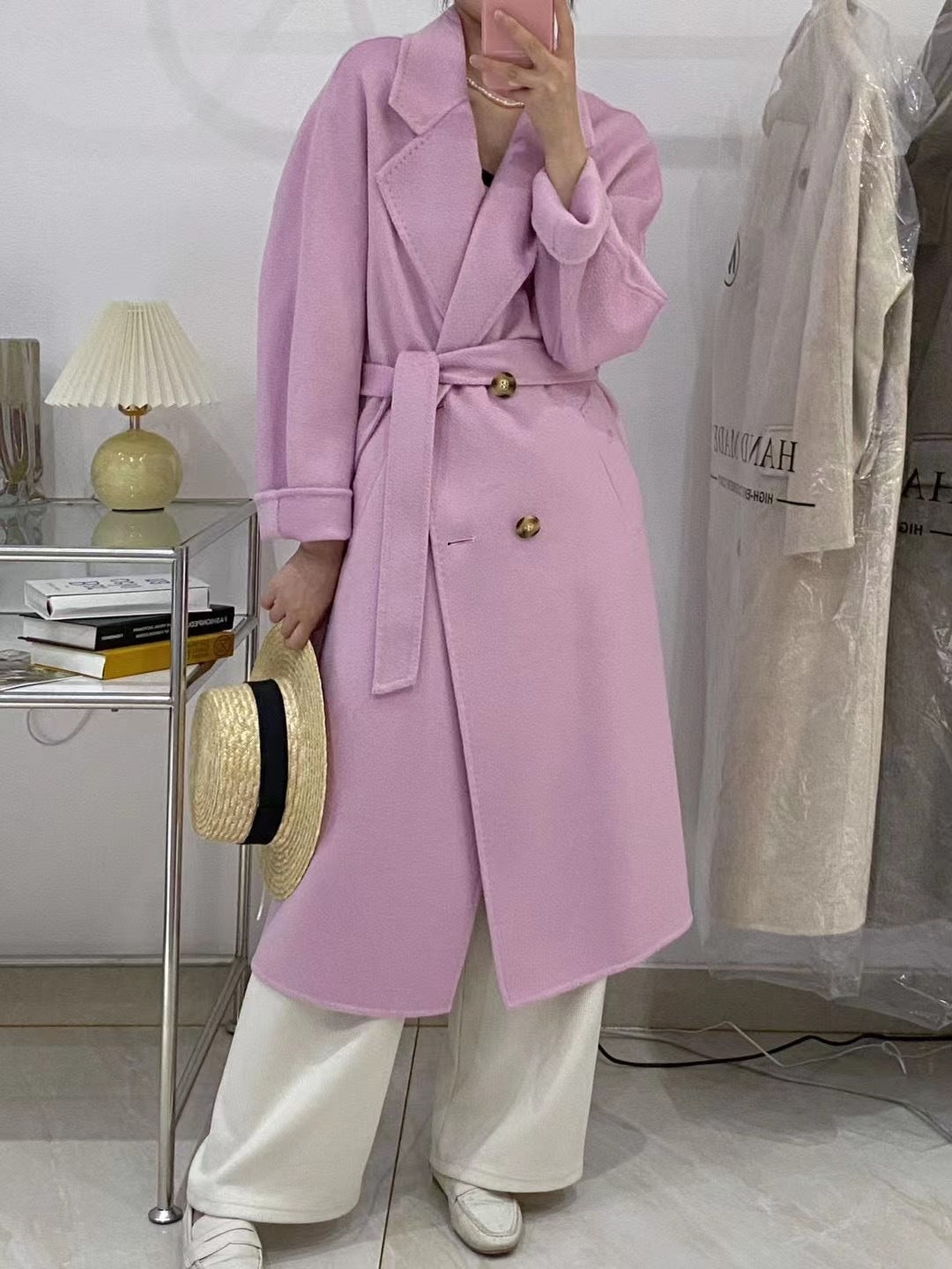 Reversible High-End Water-Ripple Cashmere Long Coat For Women