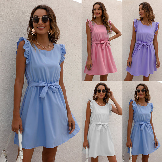 Womens Solid-Color Crew-Neck Lace-Up Waist-Cinched Dress