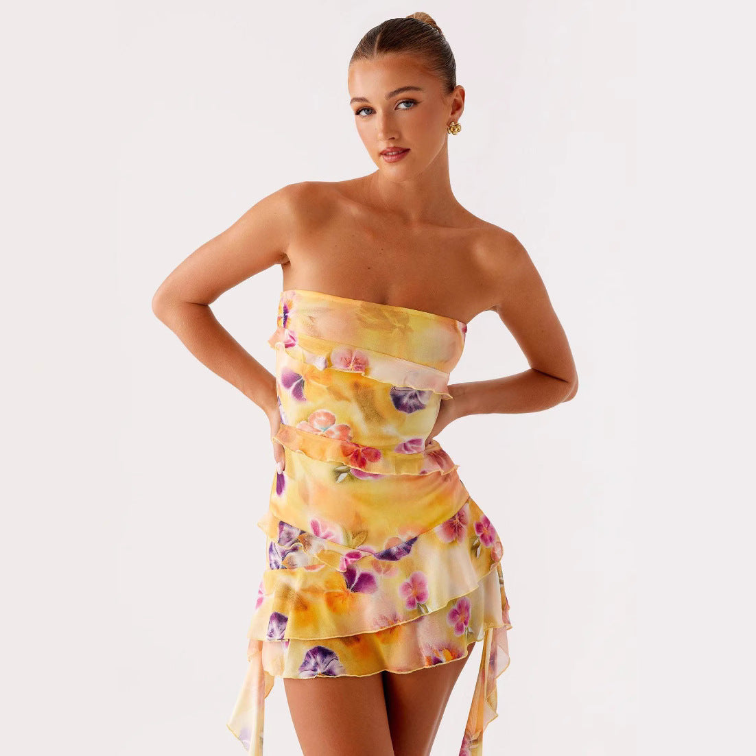 Autumn Street Hipster Printed V-neck Hanging Mid-length Split Dress