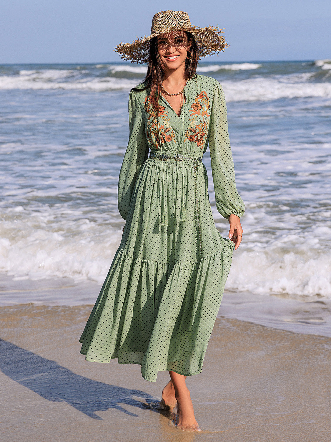Embroidered Polka Dot Tie-Neck Long-Sleeve Midi Dress - US only