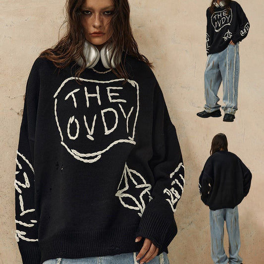 Perforated Round-Neck Loose-Knit Sweater