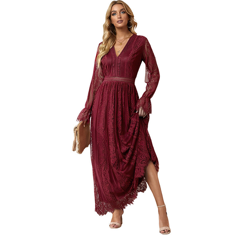 Lace V-Neck Cinched Waist Pullover Dress