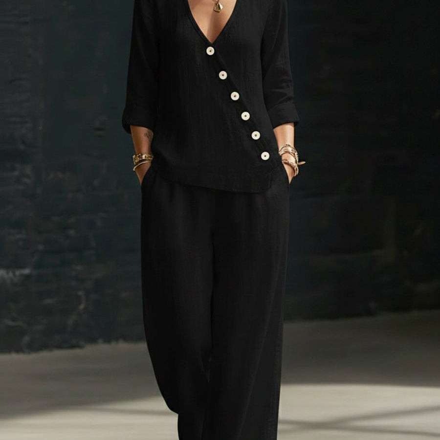 Loose-fitting V-neck Cross-over Shirt And Wide-leg Pants