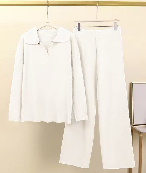 In Stock Springsummer Knit Polo-neck Long-sleeve Pullover And Trousers Two-piece Set
