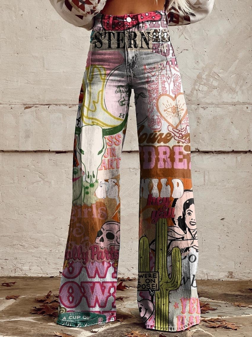 Women's 3D Printed Denim Wide-Leg Pants