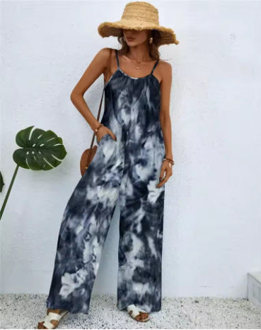 Printed Suspender Long Pants Jumpsuit