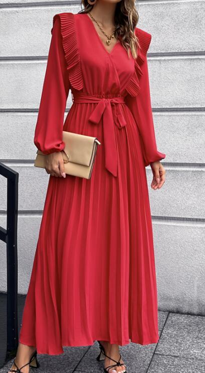 V-Neck Pleated Maxi Dress