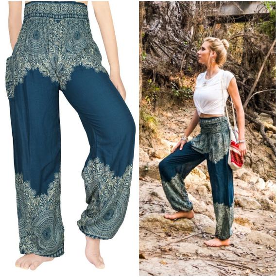 Teal Floral Boho Pants - Hippie Pants For Women